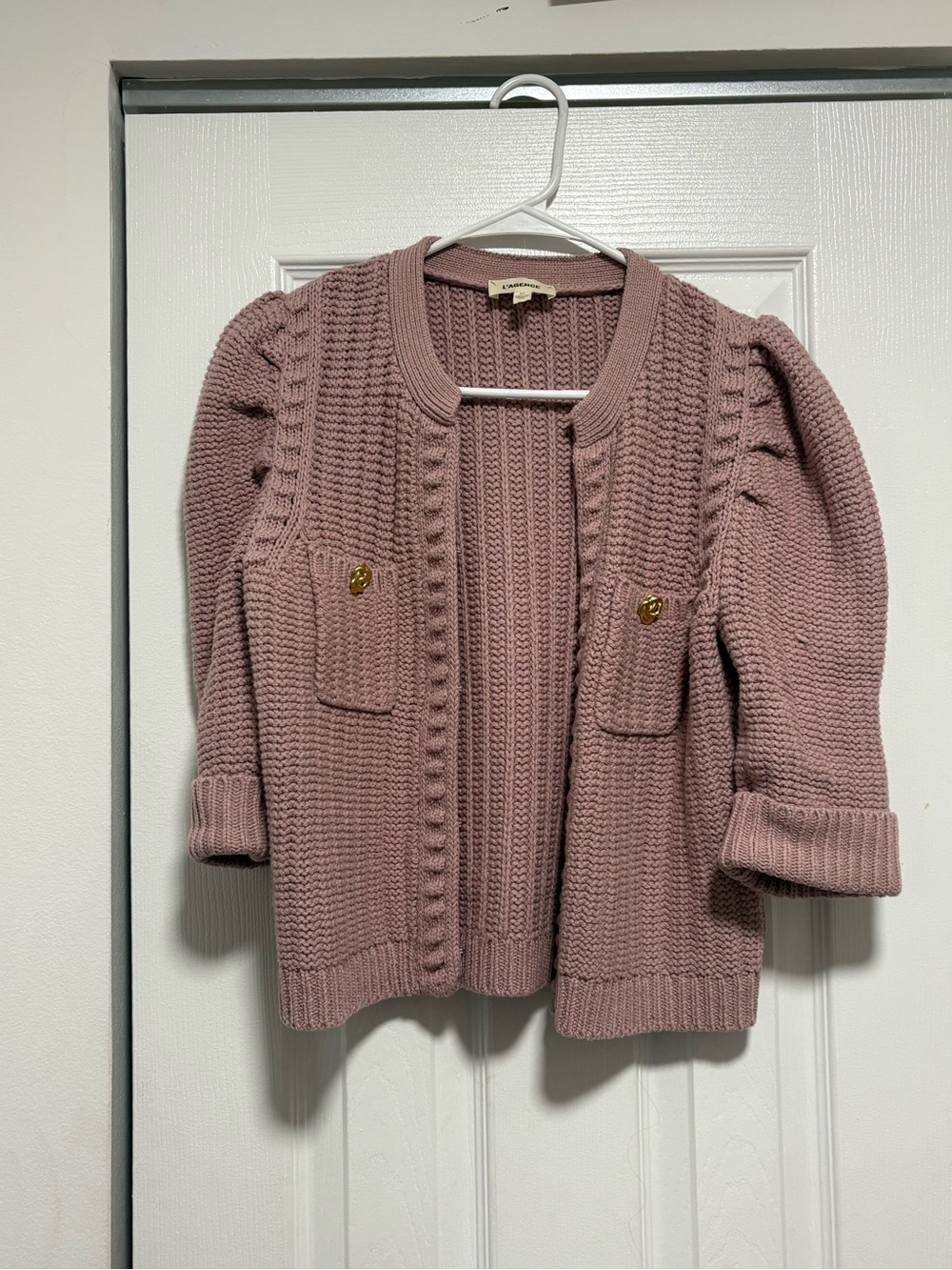 WORN ONCE L'AGENCE Dusty Rose Chunky Knit Cardigan with Gold Buttons
